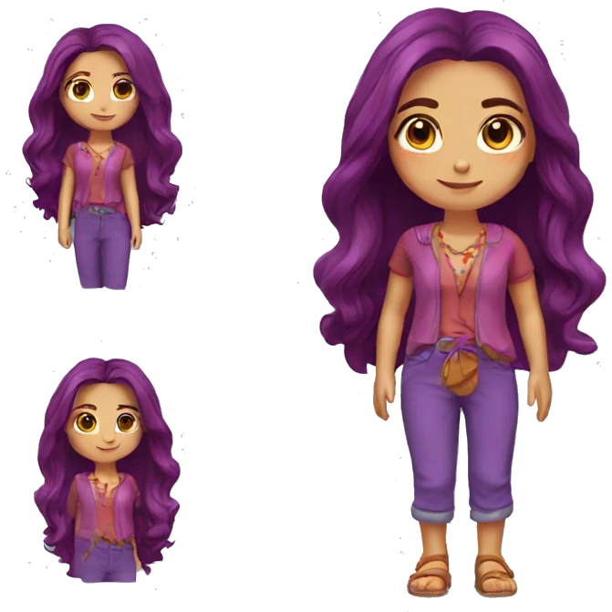 Woman 50 years,  red-purple MIDI long hair, a little hippie, beautiful honey eyes emoji