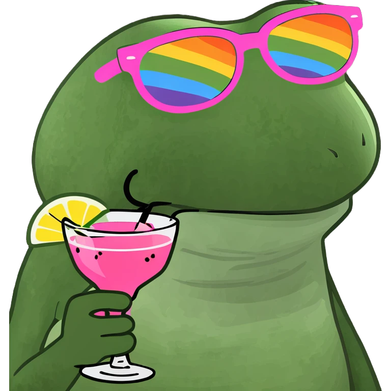 Bufo frog with pink sunglasses, holding a rainbow cocktail, in bufo style, transparent background emoji