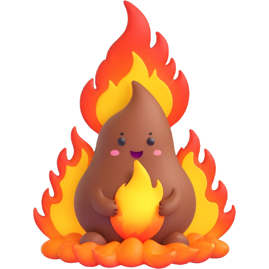poop character on fire, exaggerated cartoon style emoji