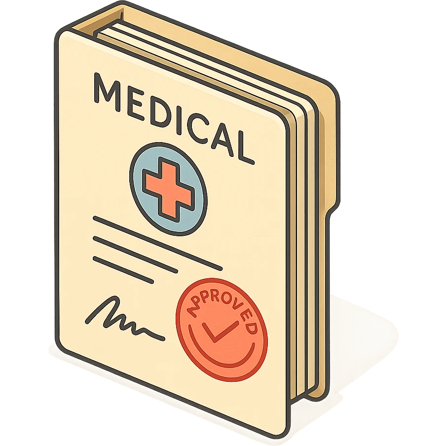 first page of medical history folder with stamp and signature, 2D isometric style, clean outlines, highly detailed drawing, shadows and highlights, soft lighting, transparent background emoji
