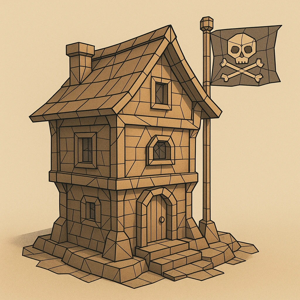 old pirate's house with skull flag emoji