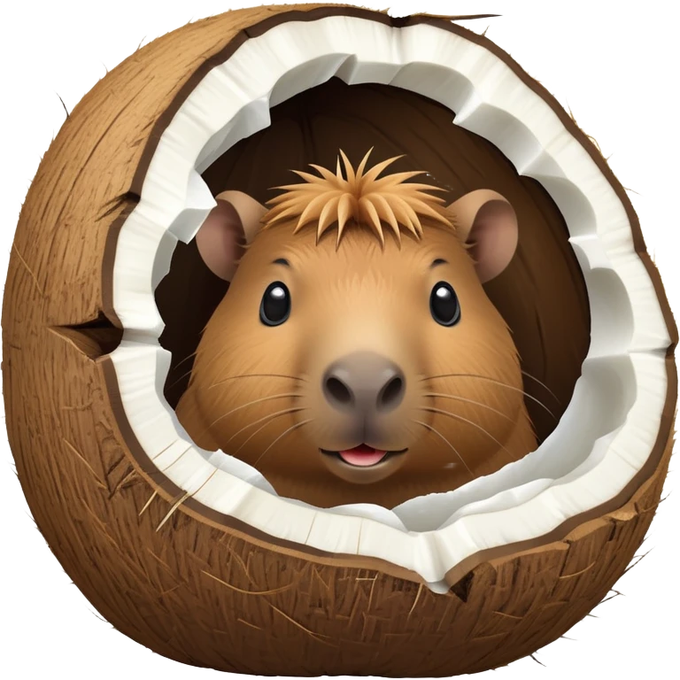 A cute capybara peeking out from inside a cracked open coconut shell emoji