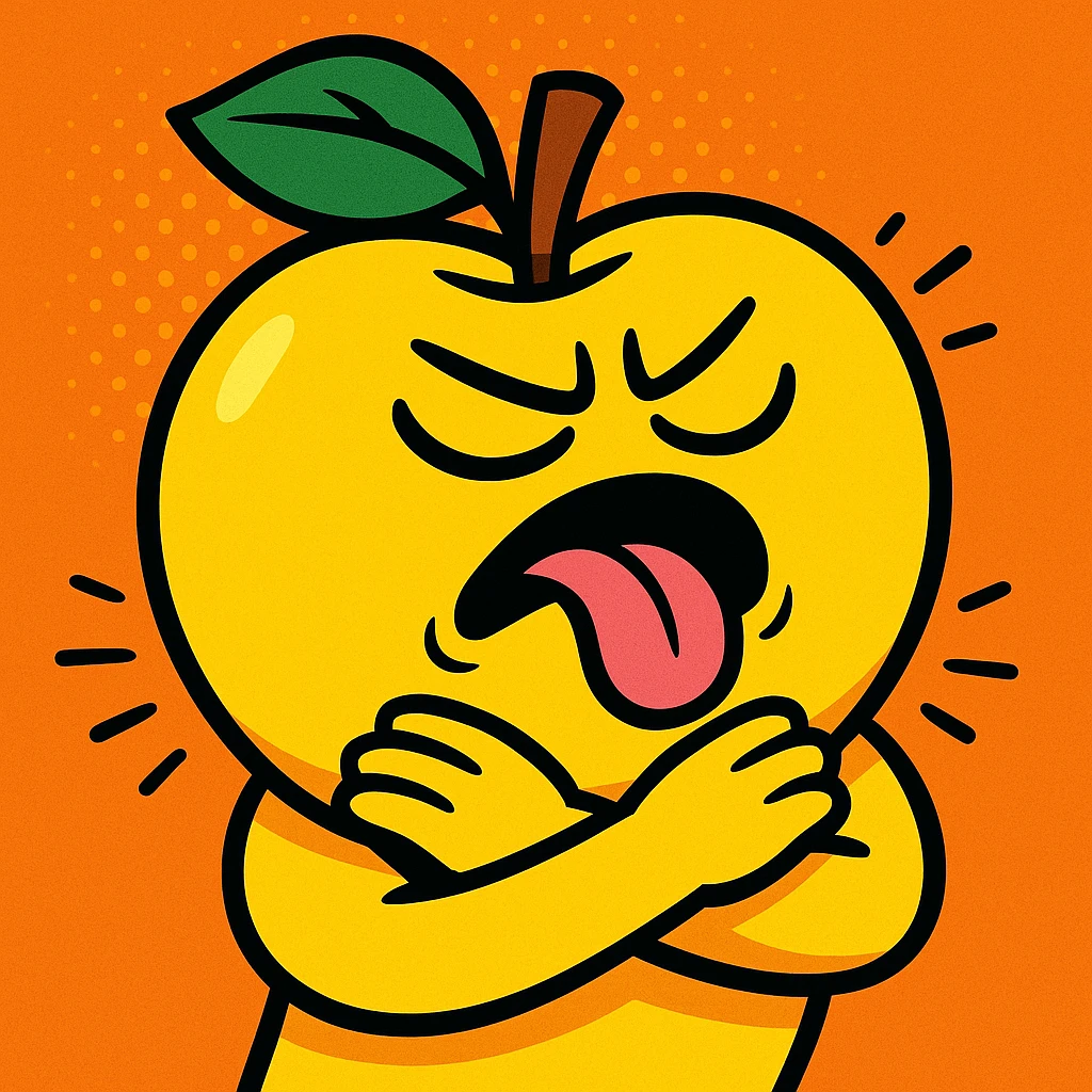 yellow apple, arms crossed around itself as if choking, closed eyes, tongue out, vibrant toon style emoji