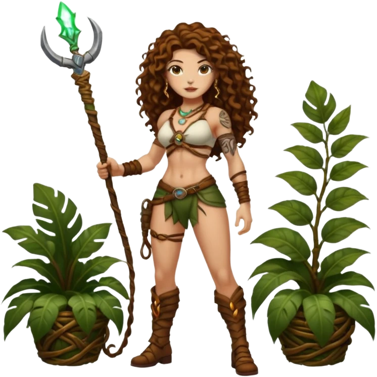 full body woman long curly brown hair brown eyes white skin tattoos muscular build jungle treasure hunter outfit, vine whip, glowing relic emoji