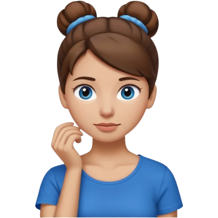 apple style emoji of a woman with brown hair in a bun, blue eyes, holding her neck as if it hurts, wearing a black T-shirt emoji