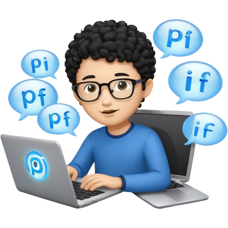 A young boy DEVELOPER WITH A laptop, black curly short hair, wearing glasses, a thin goatee, his skin is asian

Add the word "PIF" floating around him emoji