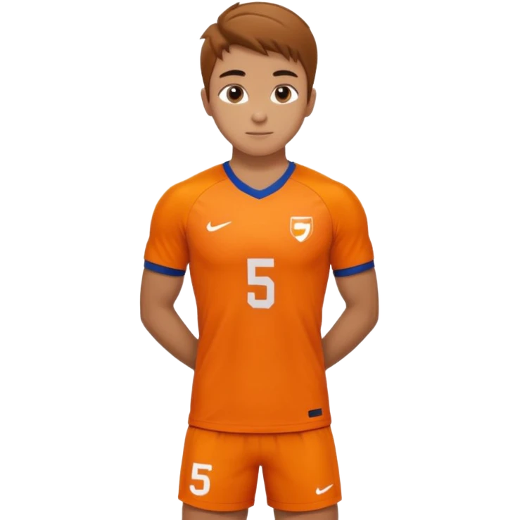Apple iOS style 22 year old soccer player standing hands on waist, orange jersey #5, stadium lighting emoji