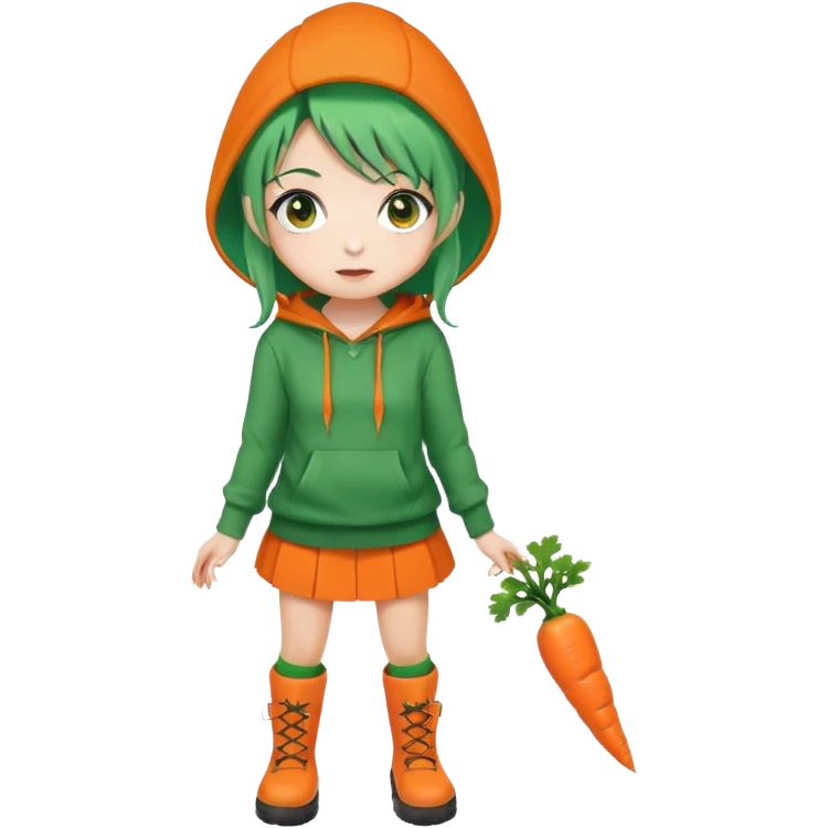 cute green-haired girl with orange eyes, wearing an orange hoodie, green skirt, orange knee socks, and green boots, with a small carrot accessory on her head, big expressive eyes, simple emoji face, round head, clean vector style emoji