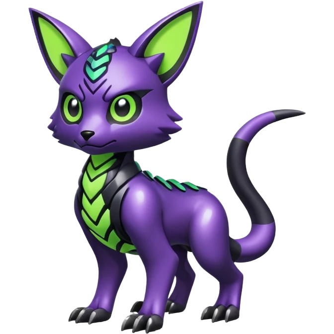 Futuristic modern badass cool shiny metallic alloy black-obsidian purple neon-green white lime animal hybrid Fakemon full body emoji