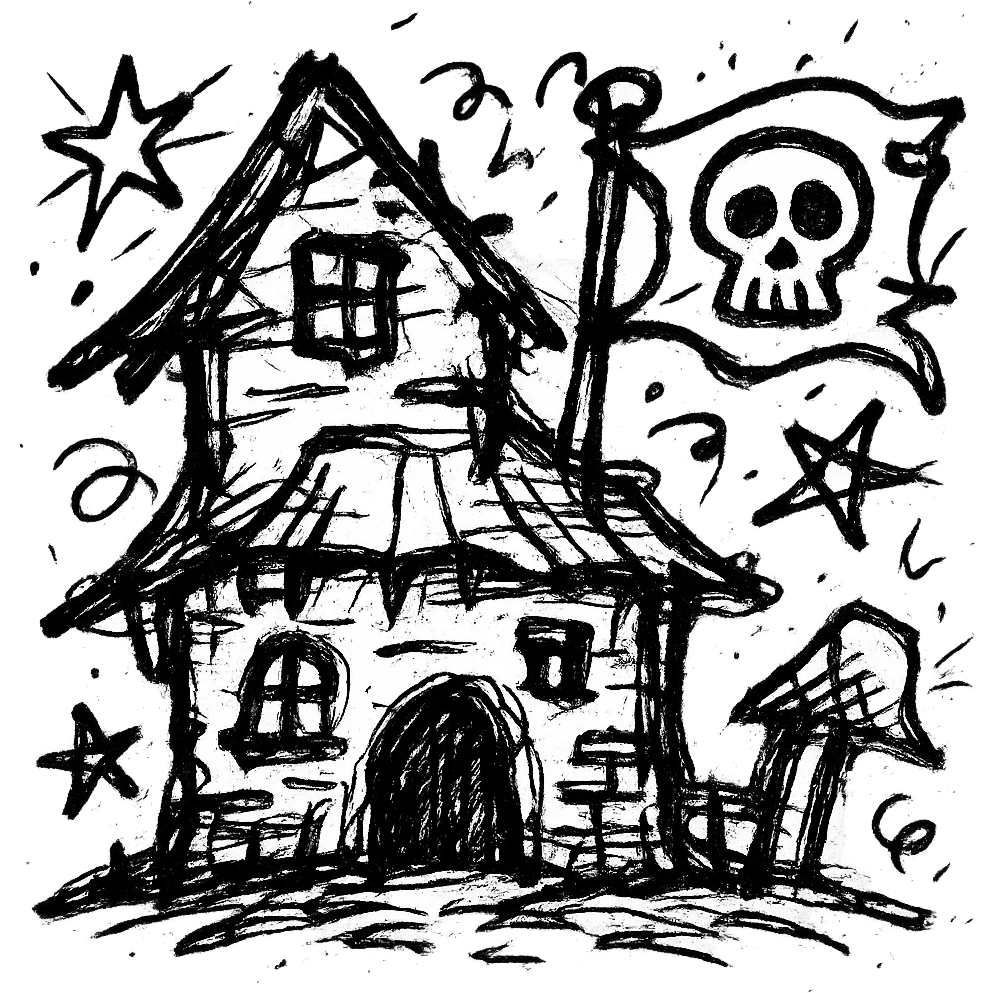 old pirate's house with skull flag emoji