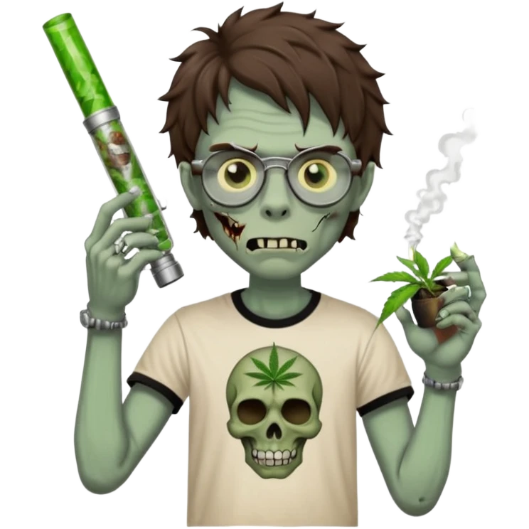 short wavy brown haired zombie getting stoned with weed t shirt and bong on his hand and wearing black chrome hearts bifocals emoji
