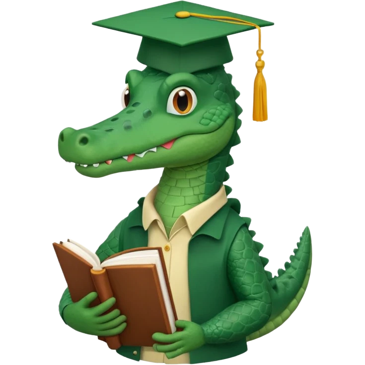 A claymation-style academic alligator with a book. The background is a solid white circle emoji