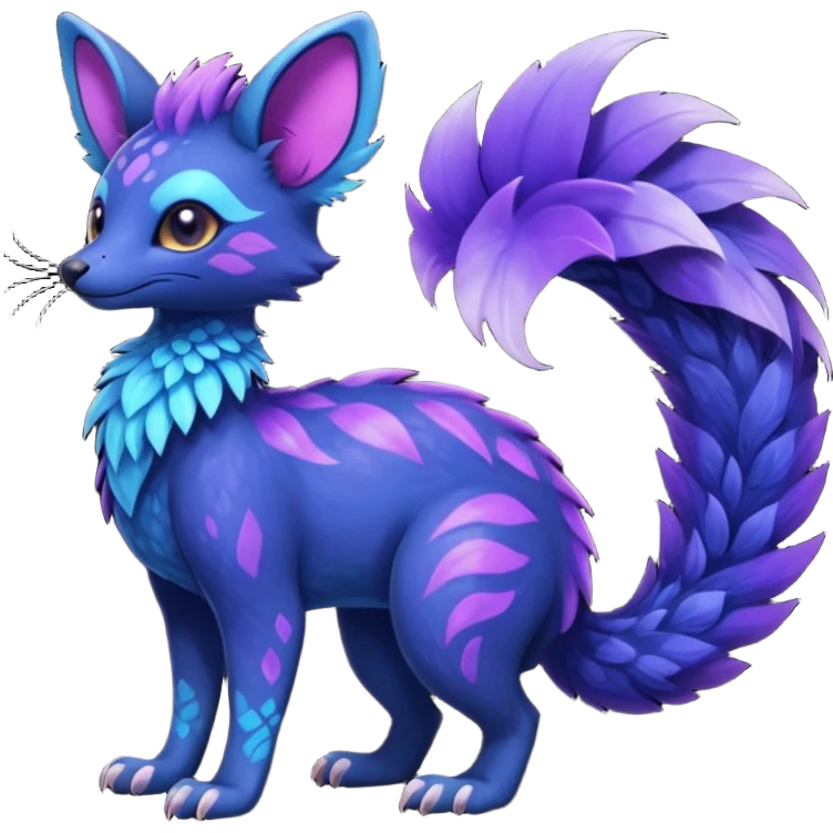 Feral Rare Fantasy shiny soft fuzzy furry vibrant tropical dark-indigo and neon-purple Vernid-Trico-species-creature by LiLaiRa, random markings, tufted tail, tufted ears, full body emoji