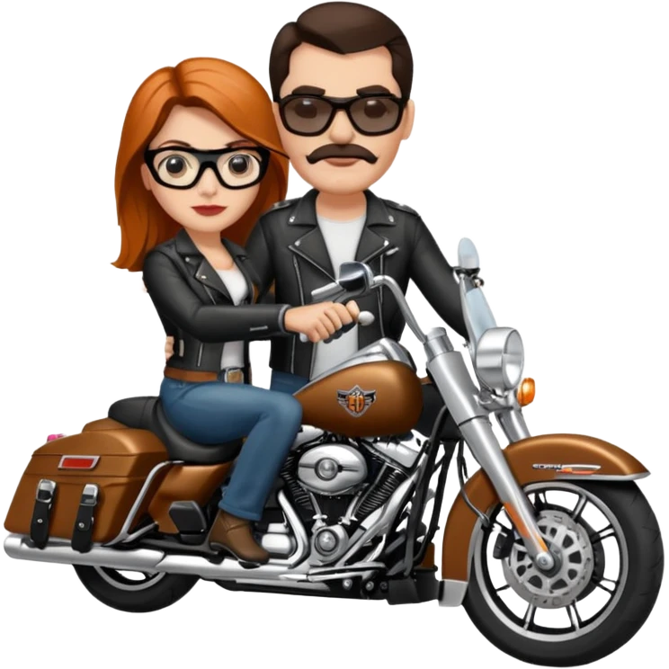 Un couple de biker sur une harley road king noire, l'homme n'a pas de moustache et une paire de lunettes demetz ros21, la fille a des cheveux plus dans les tons chatain emoji