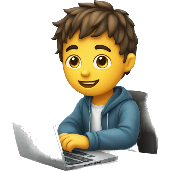 a boy sitting on a computer writting code (with code on laptop preview) emoji