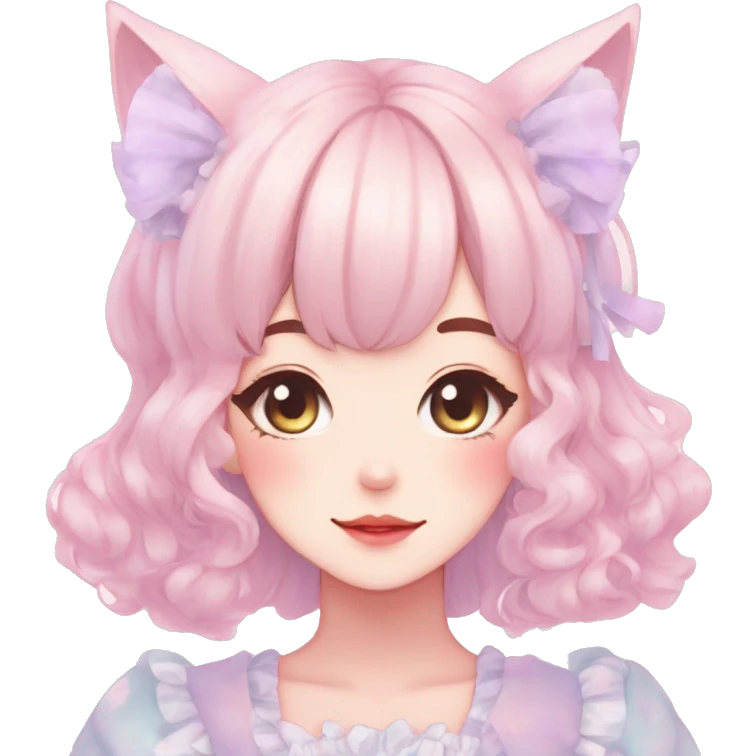 Gorgeous pastel anime style lady with blushing face and cat ears cottagecore fairycore pastelcore colorful pearly romantic simplistic aesthetic trending style emoji