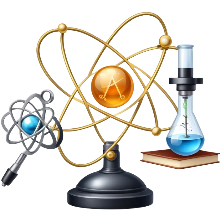 An icon featuring an atom, a physics book, and a pendulum, symbolizing physics. The design includes a microscope, a compass, and light rays, representing the study of energy, forces, and matter. Transparent background highlights scientific exploration and physical laws. emoji