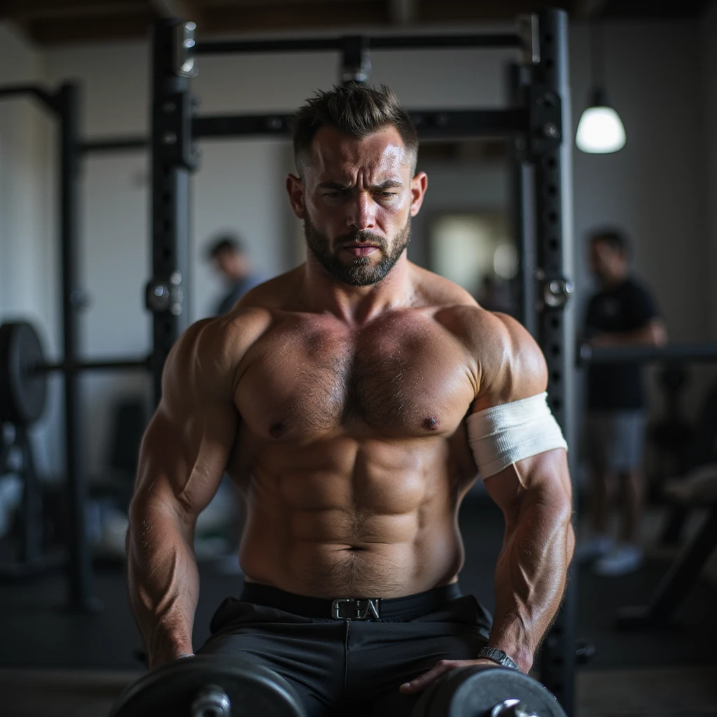 European powerlifter in weight room, with prominent shoulder bandage, determined but pained look, continuing to train with light weights, resilience atmosphere, realistic details, gym background. emoji