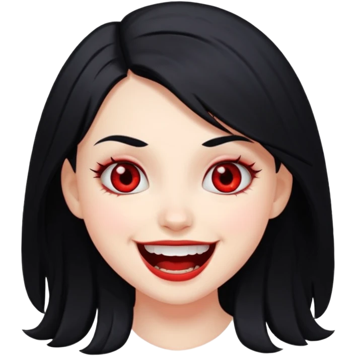 white girl with black hair and red eyes, cute face, scary face laughing emoji