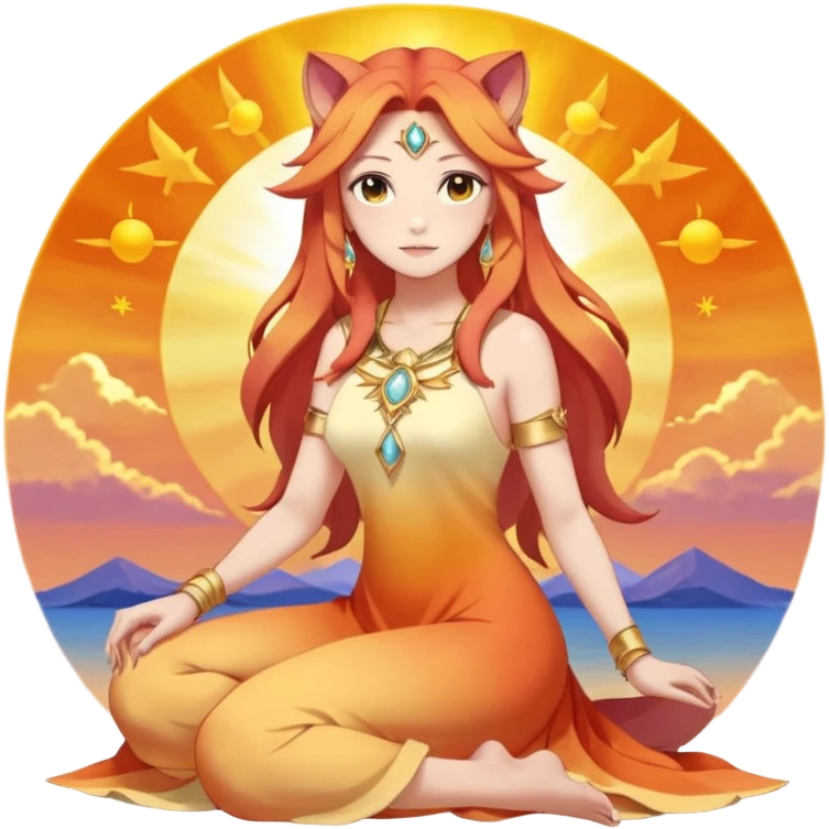 Sun-kissed Sunset-Gradient Celestial Flaring Warm Hot Feminine Beautiful Elegant Pretty Sun-Pyroar-Solgaleo-Suicune-Meloetta-Goddess-Lioness-Fakémon-Digimon-hybrid-fusion with closed relaxed eyes and symmetry and sitting on a cloud pastel divine dress beauty   emoji