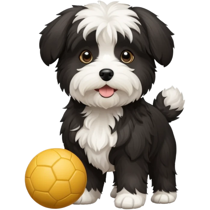 black and white Havenese dog standing with ball emoji