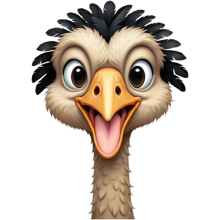 A cute cartoon adult male ostrich standing with black feathers. Mouth open. emoji