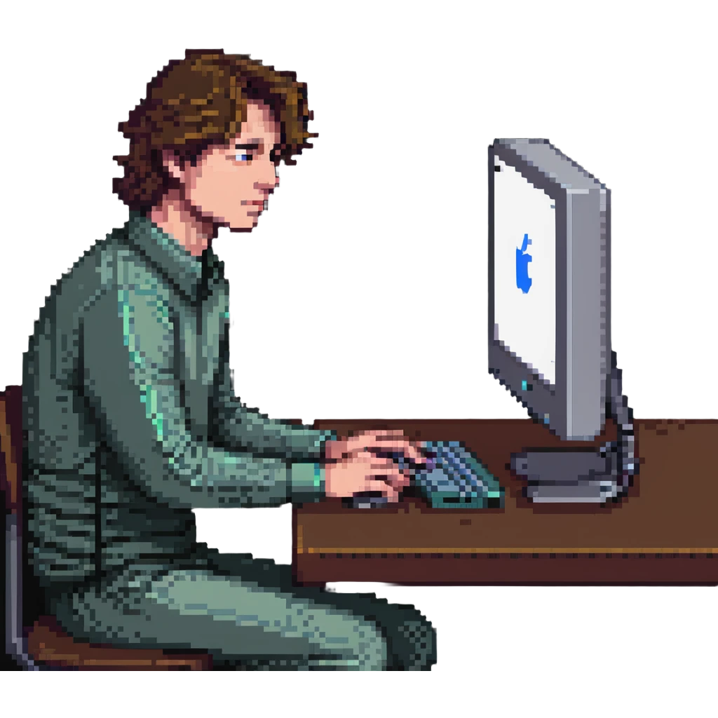 a man sitting at the table with an imac on it, a man sits in a very thoughtful pose emoji