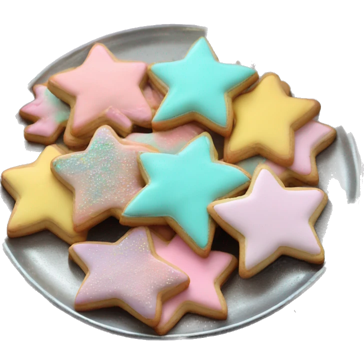 Realistic star shaped cookies and heart shaped cookies with pastel ombre icing and sprinkles piled up on a metallic silver plate. emoji
