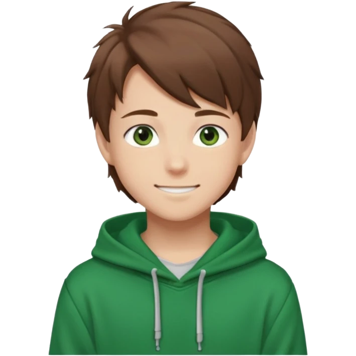 the face of an Anime teen boy with brown hair, green eyes, looking smiling slightly sideways positioned. Face must be main filling of the emoji. A little piece of hoodie can be visible. 128px emoji