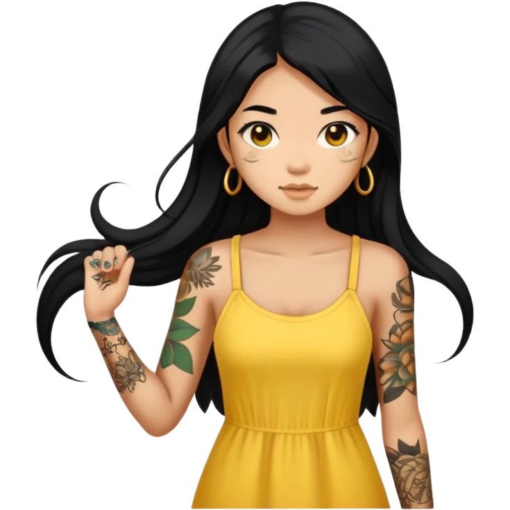 Beautiful Asian girl with long black hair and body tattoos wearing a yellow sundress emoji