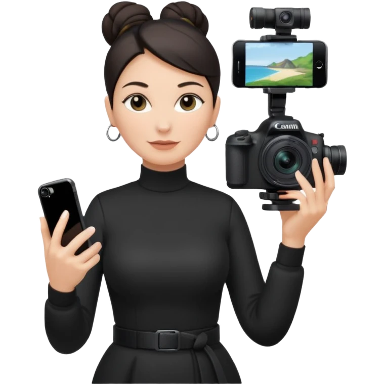 middle aged woman photographer with dark hair, slicked back in a bun, wearing black clothes, carrying a canon r5 and an iPhone on a gimbal emoji