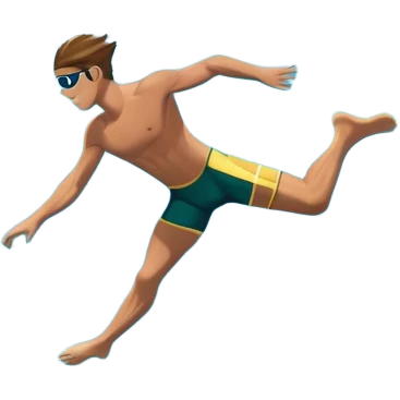 A diver mid-air, plunging from a high cliff into the sparkling ocean below. The background features rugged cliffs, clear blue water, and a bright sky, emphasizing the excitement and danger of the sport with a sense of freedom and adventure. emoji