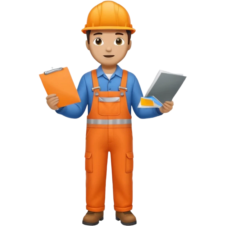 railway engineer full body in orange overalls, carrying a piece of paper with both hands in front of him emoji