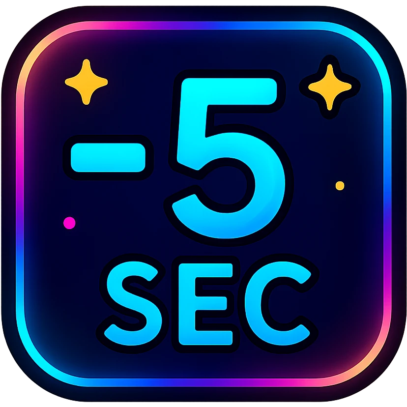 -5 sec icon with dark purple, blue, and black base, bright accents, complex gradients, stars, bright neon border, modern clean -5 seconds symbol, glow and lighting effects, sophisticated futuristic icon style emoji