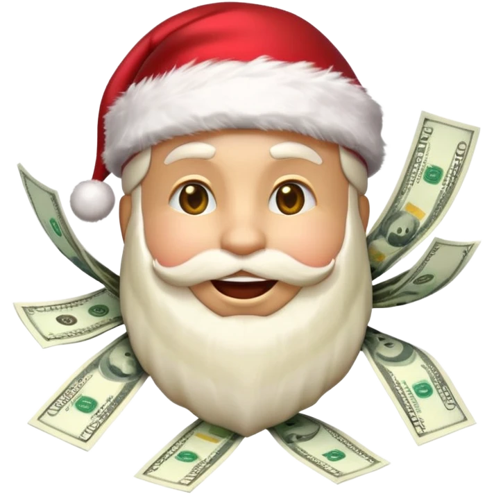 A rich happy emoji face in Santa hat, covered in money, cash stacks and flying dollar bills, Christmas mood, New Year festive style, glossy 3D emoji, vibrant colors, high detail, no text, isolated, transparent background emoji