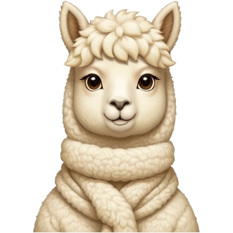 Cinematic Noble Cream Alpaca Portrait Emoji, Poised and regal, with a graceful, sturdy build and a luxuriously soft, well-groomed cream fleece, deep-set soulful gentle eyes, Simplified yet sharp and sophisticated features, highly detailed, glowing with a soft, dignified glow, high shine, intelligent and serene, stylized with an air of pastoral elegance, focused and attentive, soft glowing outline, capturing the essence of a watchful and confident companion, so majestic it feels as though it could stride out of the screen with effortless authority! emoji