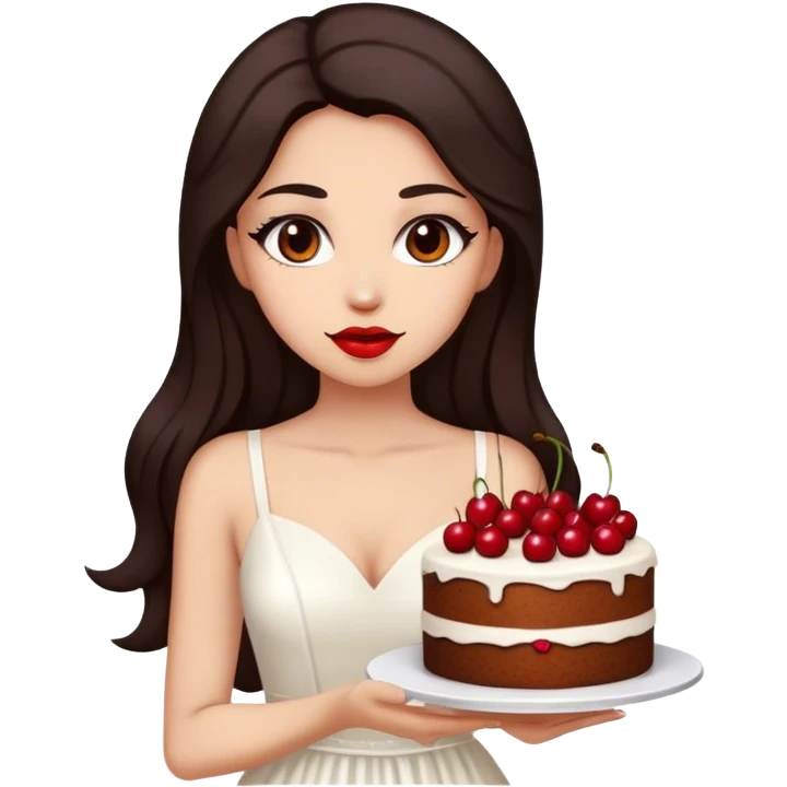 Beautiful woman in 1965’s woman fashion look, white dress, long dark brown hair, cherry cake emoji