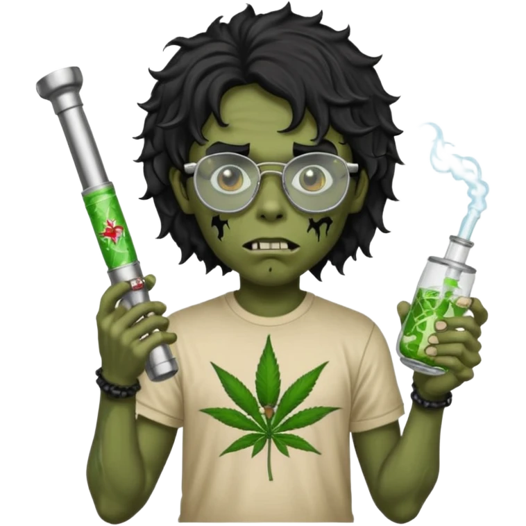 black wavy haired zombie getting stoned with weed t shirt and bong on his hand and wearing chrome hearts glasses emoji