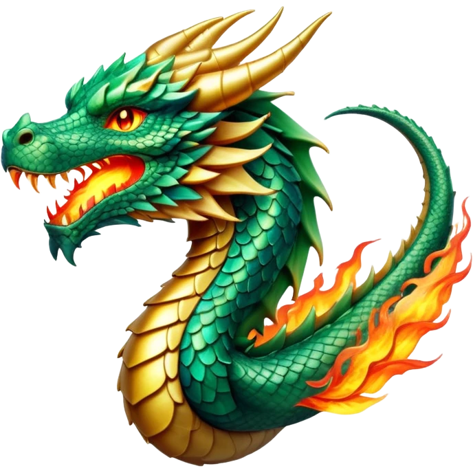 cinematic-noble-dragon-portrait-emoji,-poised-and-majestic,-with-a-sinuous, breathing raging fire breath, -elongated-body-covered-in-intricately-detailed,-shimmering-scales-in-hues-of-emerald-and-gold,-and-piercing,-fiery-eyes-that-reflect-ancient-wisdom; Breathing fire emoji