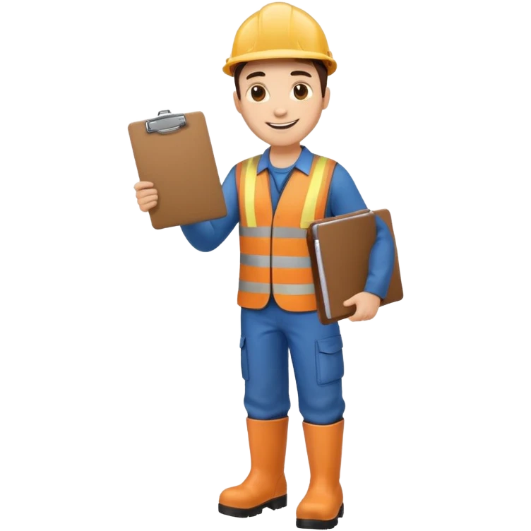 engineer standing with safety boots, holding a clipboard in one hand emoji