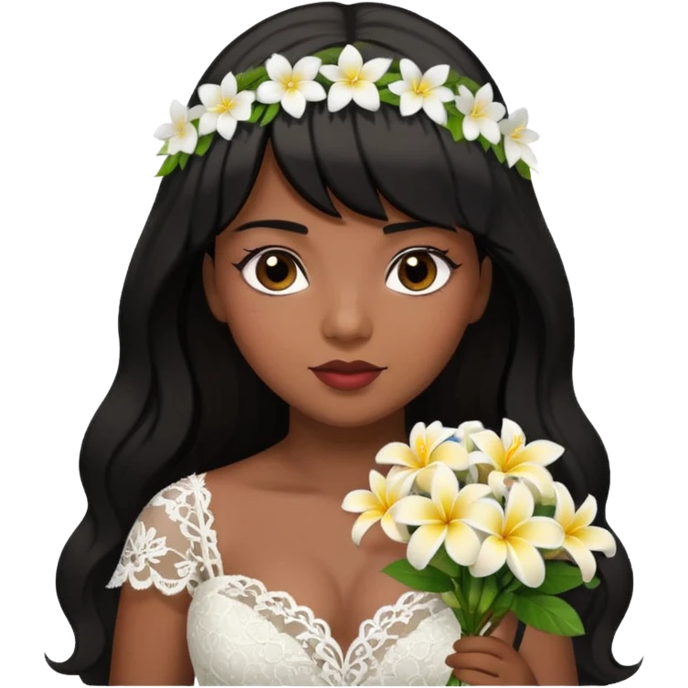 Latina girl with bangs black long hair plus size lace wedding dress with plumeria bouquet emoji