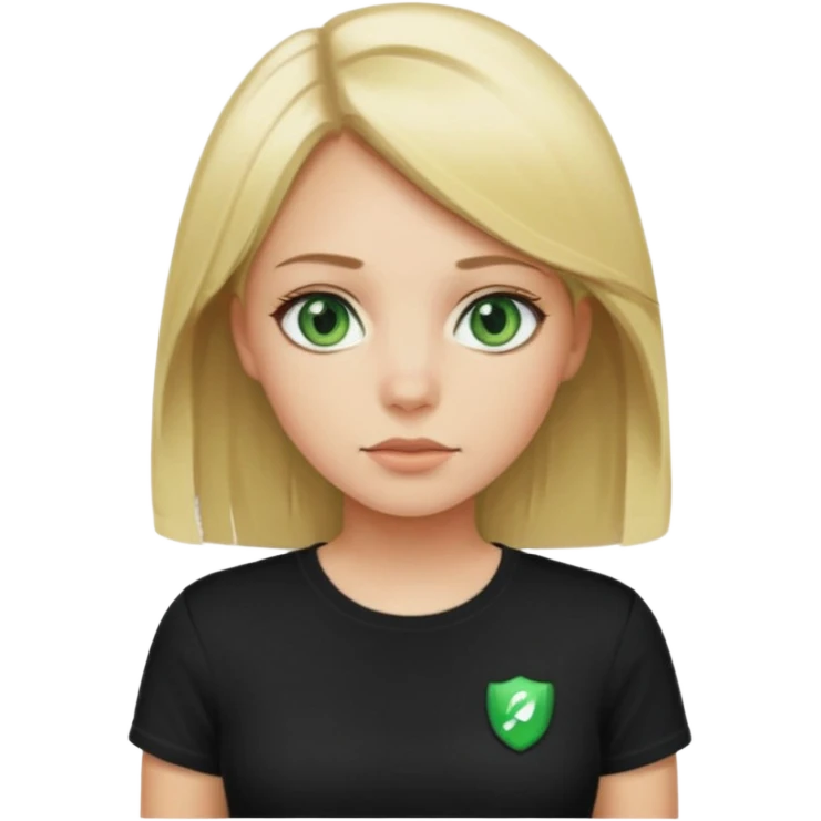 Girl with green eyes, blonde with straight medium length hair, and front buckles to the chin, in a black skims t-shirt emoji