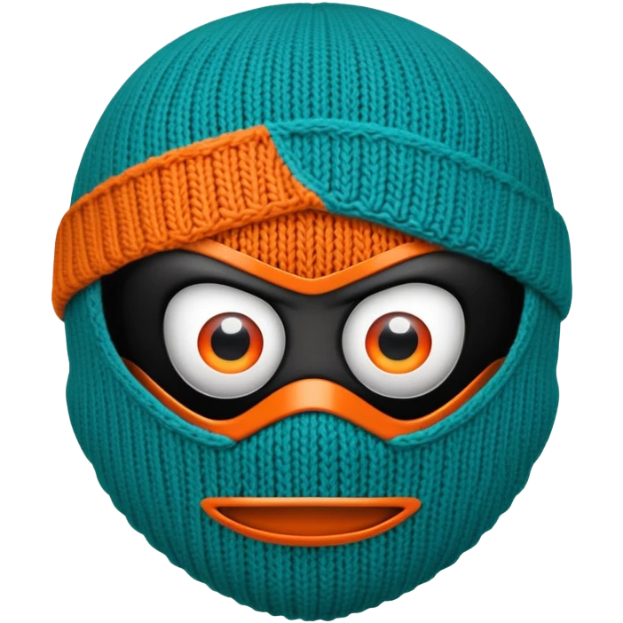 teal and orange ski mask with evil eyes emoji