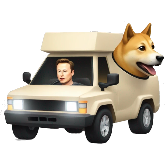 Elon musk driving in the cyber truck with the doge emoji