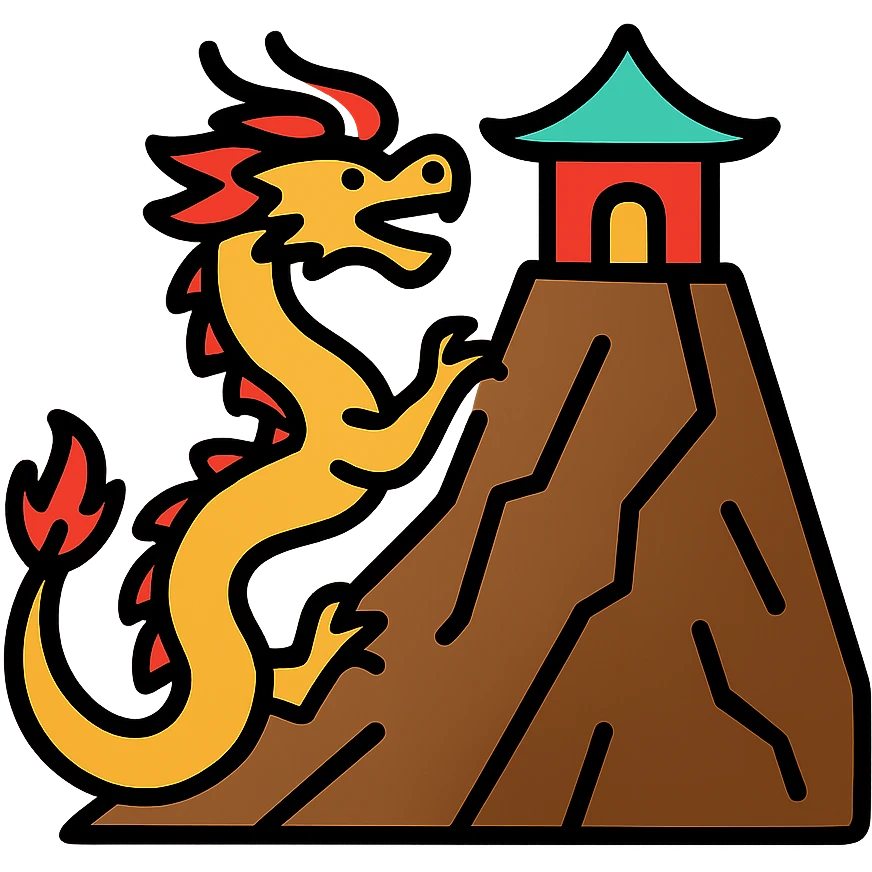 Traditional Chinese dragon ascending a steep mountain with a temple sanctuary on the peak emoji