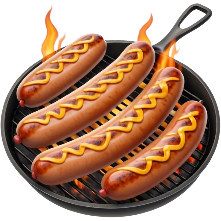 Cinematic Realistic Sausage Sizzle Dish Emoji, featuring sizzling sausages cooking over an open flame rendered with dynamic textures and warm, smoky lighting. emoji