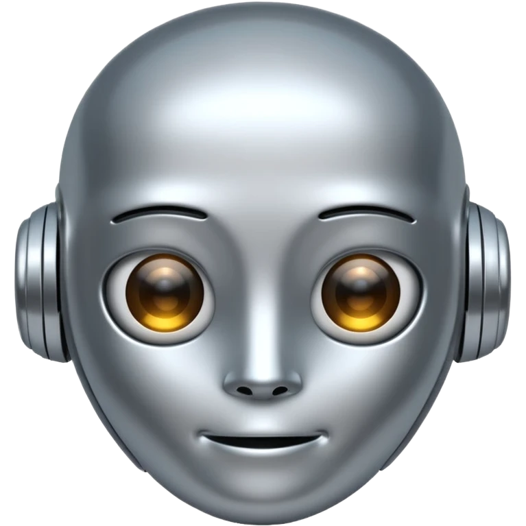 A cute futuristic robot emoji made of silver chrome, rounded friendly body, minimal facial features, glossy metallic surface, soft reflections, iOS emoji style, centered, clean white background emoji