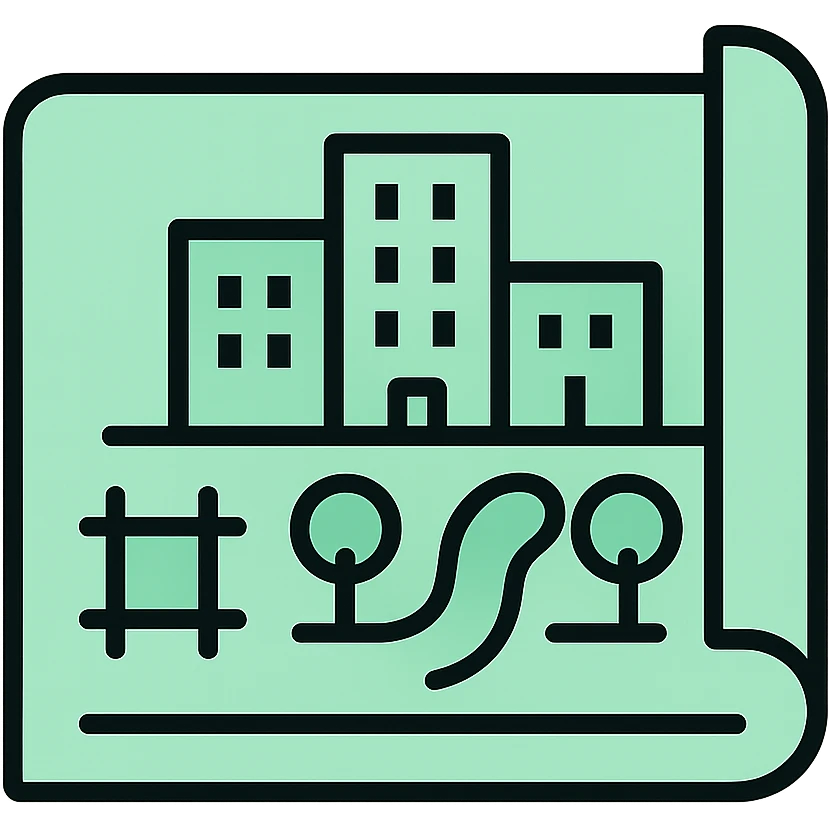 Skeuomorphic sustainable city planning icon with mint green #B5F4D3 and black #111111 color scheme, showing an architectural blueprint with buildings and green spaces, clean symmetric design with subtle depth and soft light emoji
