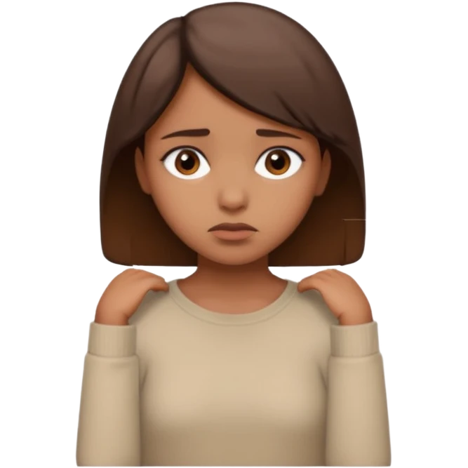 a brown girl with short brown hair wearing a beige full sleeve and looking sad emoji