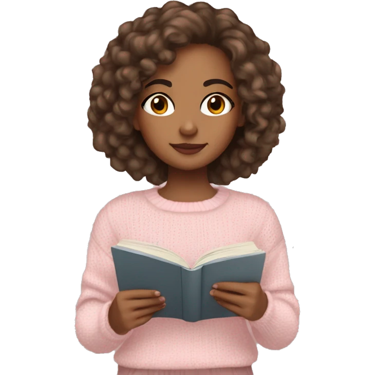 Pretty brown eyed mixed girl with light pink sweater reading cozy emoji